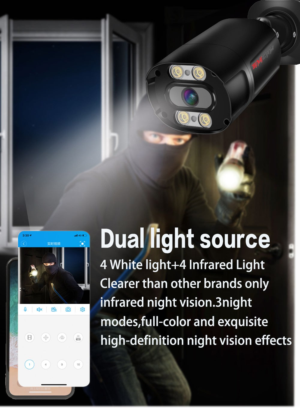 Câmera IP de segurança dome/turret externa UltraHD 4K 8MP PoE Onvif 3840x2160, detecção humana, visão noturna colorida com luz dupla 30 metros