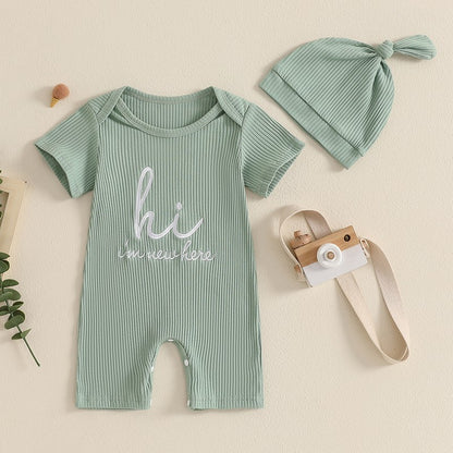 Macacões Carta Impressão Gola Redonda Manga Curta Bebê Menino Roupas de Verão Bodysuits Macacões com Chapéu