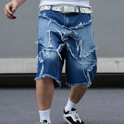 Men's tattered denim shorts with adhesive tape