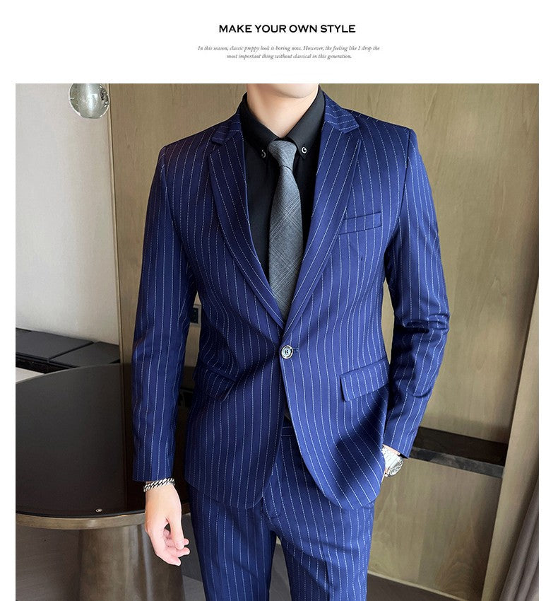 Men's Fashion High-Quality Slim Fit Two-Piece Suit Set Spring Autumn Stripes Business Casual Trousers And Jacket Combo