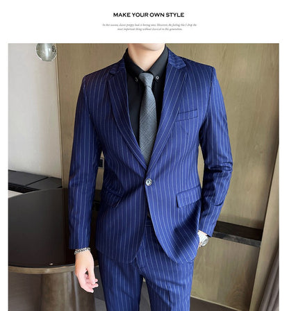 Men's Fashion High-Quality Slim Fit Two-Piece Suit Set Spring Autumn Stripes Business Casual Trousers And Jacket Combo