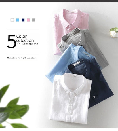 100% Linen Short Sleeve Shirt Men Cotton Linen Clothing Top Casual Summer Half Sleeve Shirt Loose Style Square Collar