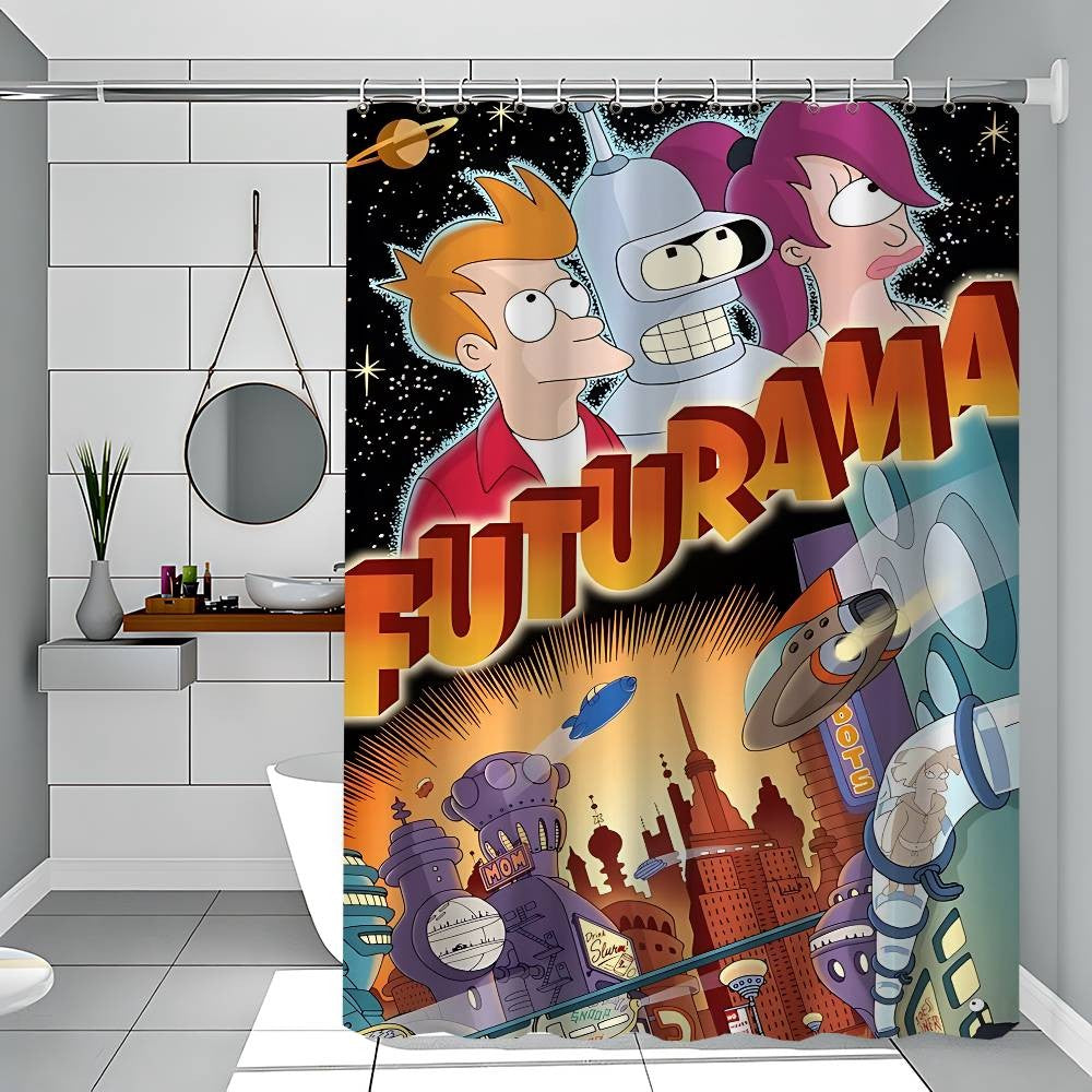 F-Futurama Anime White Shower Curtain, Bathroom Decorative Shower Curtain, Waterproof Shower Curtain With Hooks