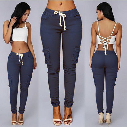 Women Slim Fit Pencil Pants Multi Pocket Drawstring Tie Waist Casual Trousers with Belt