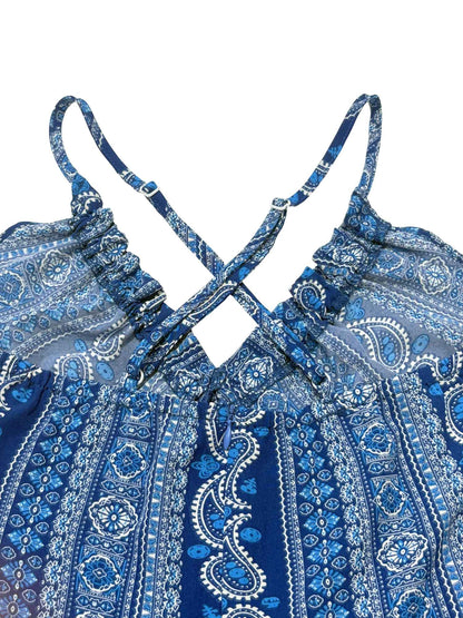 Women's Summer Ethnic Pattern Backless Split Thigh Dress Ladies Summer Clothes Boho Fashion Frill Trim Long Dress for Beach