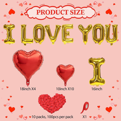 I Love You/Red Heart Love Foil Balloon 1000Pcs Rose Petals for Wedding Anniversary Valentine Day Romantic Special Night Party