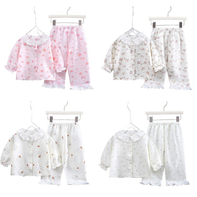 Kids Home Clothes 2Pcs Set Baby Loose Pajamas Fashion Girl Lace Floral Print Sleepwear Children Air Conditioner Long Sleeve Pant