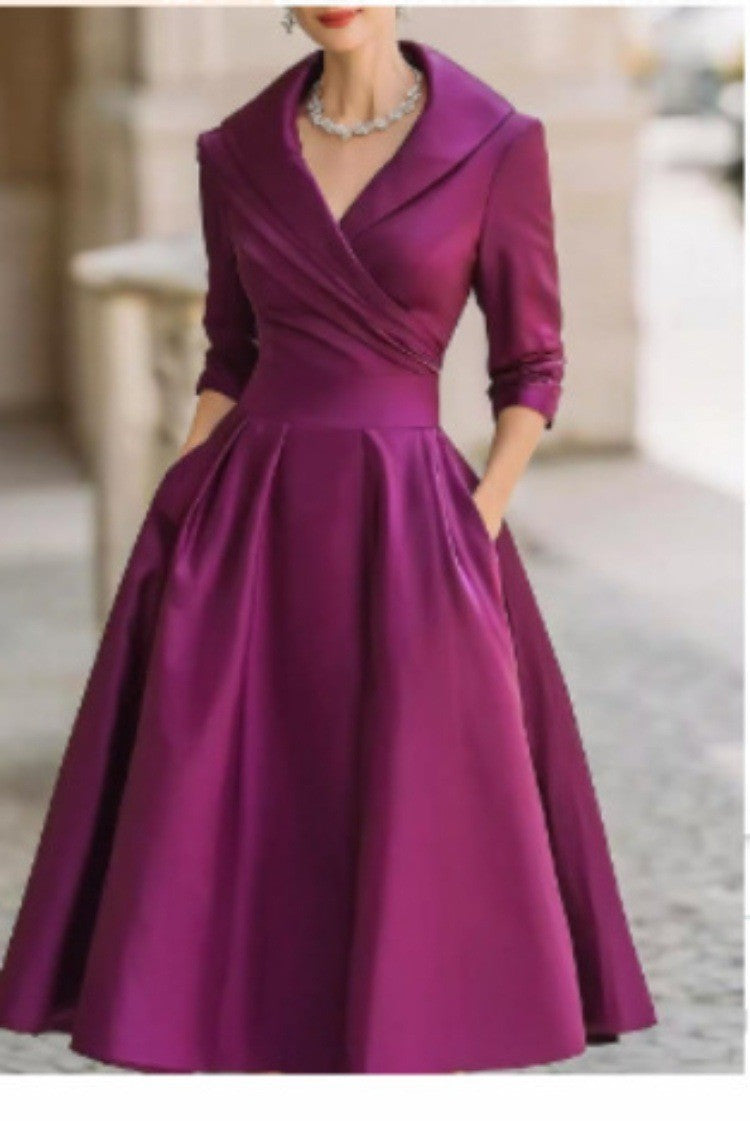Elegant Wedding Guest Dress Women Turndown Collar Mid-Length Waisted A-Line Satin Evening Dress Cocktail Party Midi Dresses