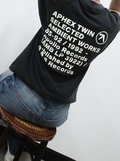 Men T-Shirt Aphex Twin Washed Black Print Cotton Graphic Oversized Korean Fashion Short Sleeve Tops Tees Y2k Streetwear Clothing