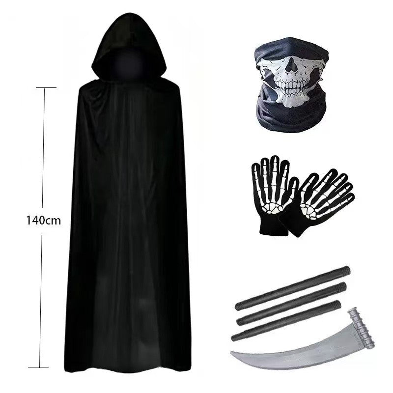 2026 Halloween Party Role Playing Children Adult Death Black Cloak Halloween Skull Ball Costume Prop Set Holiday Gift
