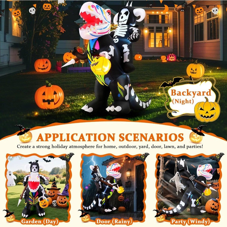 8FT Halloween Inflatable Blow Up Decorations Skeleton Knight Riding Dinosaur with Builtin LEDs for Holiday Party Garden Lawn Ya