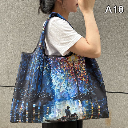 New Fashion Bag Foldable Shopping Bag Reusable Grocery Storage Bag Nylon Portable Shoulder Handbag Travel Tote Bag