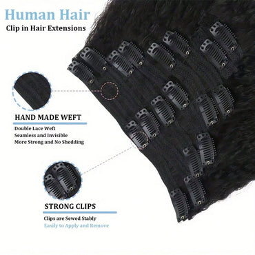 Kinky Straight Clip in Hair Extensions Real Human Hair Natural Black Double Weft Clip ins for Women 16-28 Inch 100g 8pcs