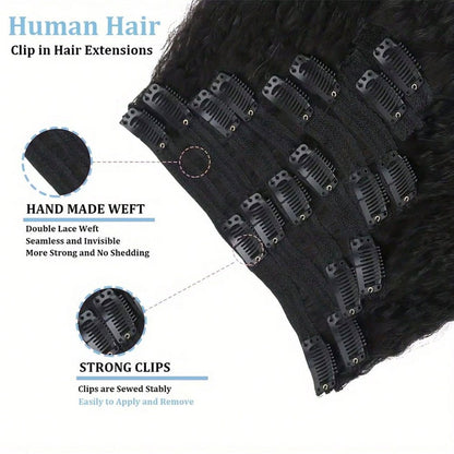 Apliques de cabelo com clipe Kinky Straight Cabelo humano real Preto natural Trama dupla para mulheres de 16 a 28 polegadas 100g 8 peças
