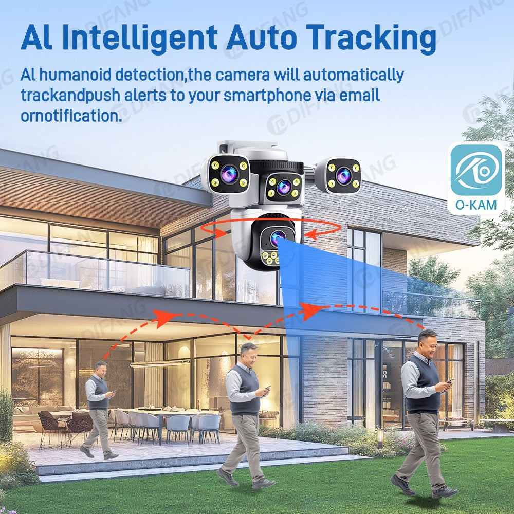 DIFANG 20MP 4 Screens WiFi Security Camera Outdoor 5X  Zoom Quad Lens Auto Tracking Waterproof Night Vision CCTV Cameras