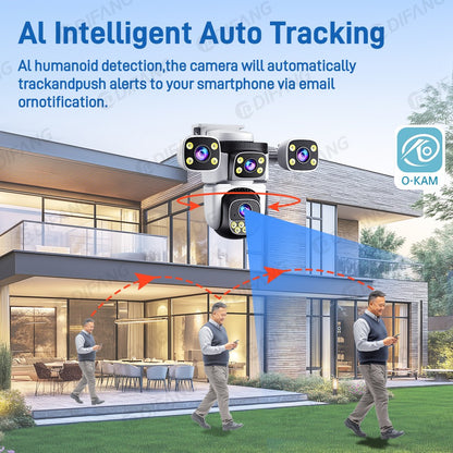 DIFANG 20MP 4 Screens WiFi Security Camera Outdoor 5X  Zoom Quad Lens Auto Tracking Waterproof Night Vision CCTV Cameras