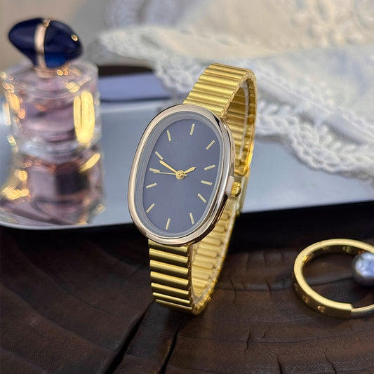 New Golden Retro Fashion Elliptical Quartz Watch Ladies Steel Strap Gold Watch Stylish Niche Timepiece
