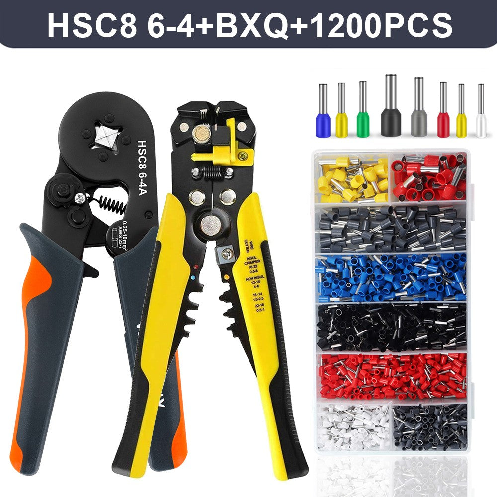Alicate Desencapador e Crimpador Autorregulável, Kit de Ferramentas de Crimpagem de Terminais Autorregulável Hexagonal Tipo Catraca com Terminais de Fio