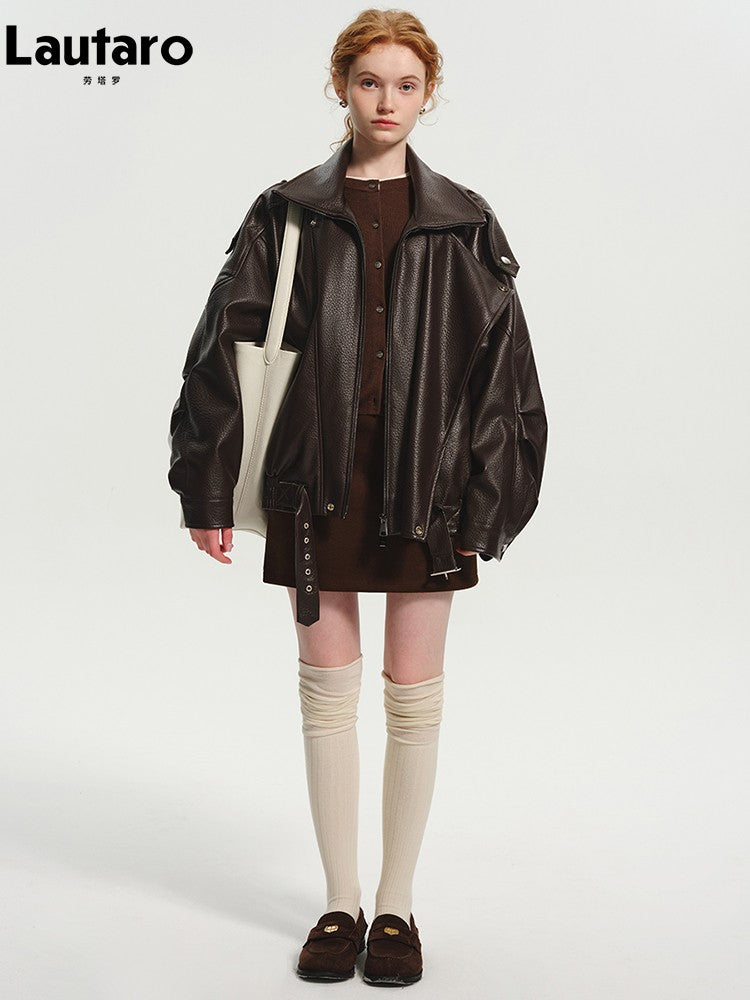 Lautaro Spring Autumn Cool Brown Oversized Pu Leather Jacket Women Long Sleeve Zip Up Luxury Designer American Retro Clothing