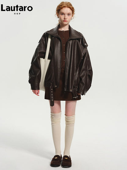 Lautaro Spring Autumn Cool Brown Oversized Pu Leather Jacket Women Long Sleeve Zip Up Luxury Designer American Retro Clothing