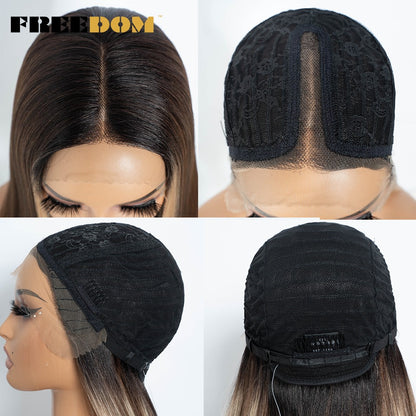 FREEDOM Synthetic Lace Front Wigs For Women Ombre Brown Highlight Long Straight Lace Wig Heat Resistant Cosplay Wigs
