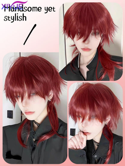 Wolf tailed Mullet Wig Mullet Head Wigs with Bangs Synthetic Straight Anime Men red Hair Wig for Daily Party Cosplay