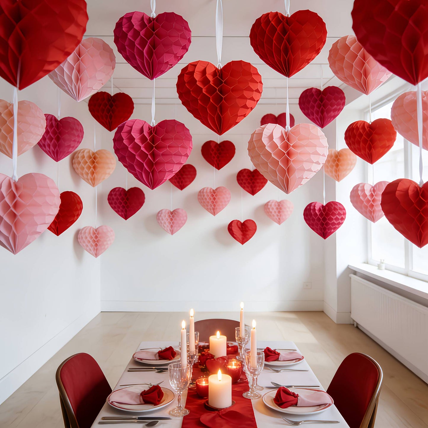 10 pcs Valentine's Day heart-shaped paper felt balls, party hanging ornaments, - red and pink honeycomb balls, wedding, birthday