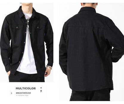 Men Slim Fit Turn-Down Collar Loose Cargo Shrit Spring Autumn Casual Wash Cotton Safari Style Jacket with Multiple Pockets Coat