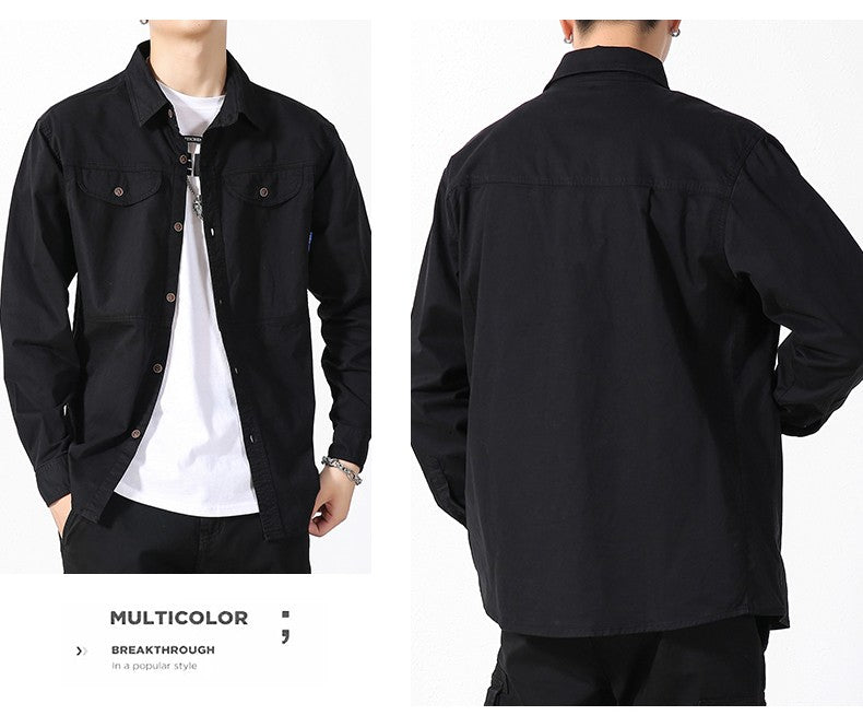 Men Slim Fit Turn-Down Collar Loose Cargo Shrit Spring Autumn Casual Wash Cotton Safari Style Jacket with Multiple Pockets Coat