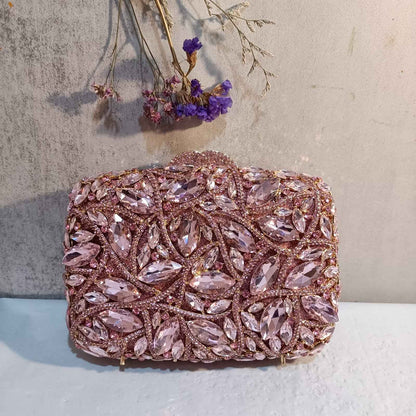 Luxury Women Pink Flower Clutch Bags Stone Evening Bags Bridal Rhinestone Handbags Wedding Clutches Bags Dinner Minaudiere Purse