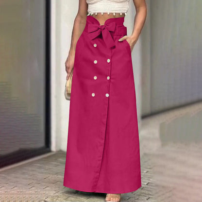VONDA Plus Size 5XL Women Elegant Fashion Maxi Skirts 2024 Solid Color Bow Belt Casual Buttons Long Skirts Pockets Loose Bottoms