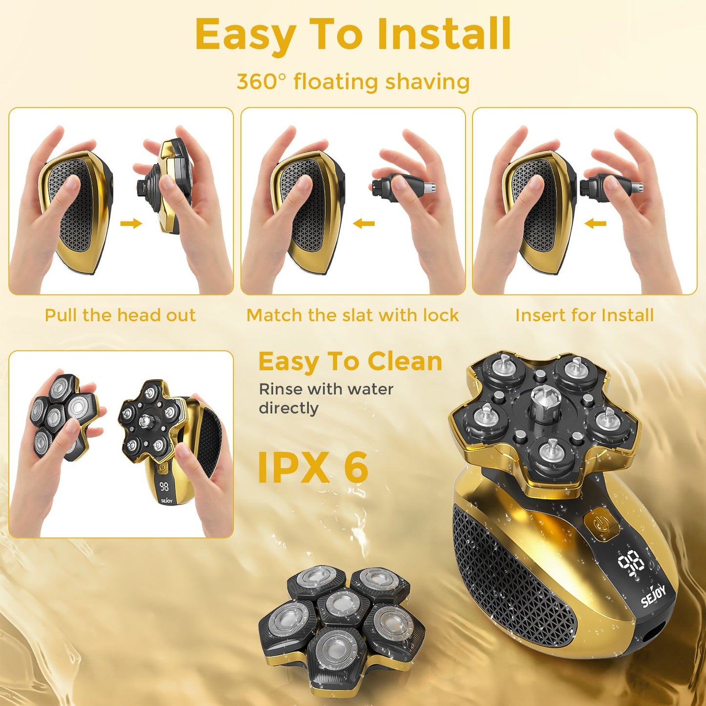 Sejoy Men 6D Floating Men Electric Shaver Wet Dry Beard Hair Trimmer Electric Razor Rechargeable Bald Head Shaving Machine