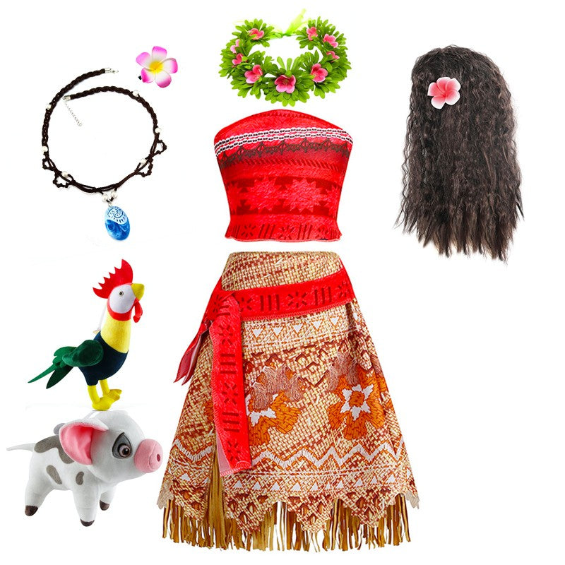 Disney Moana Dress for Kids Girls Princess Vaiana Cosplay Carnival Children Birthday Party Headwear Necklace Pet Pig Chicken Set