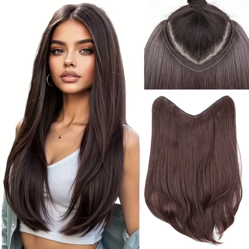 Extensões de Cabelo Sintético Longo Liso em V de 16 Polegadas com 4 Clipes, Aplique Preto Marrom para Adicionar Volume, Uso Diário e em Festas por Mulheres