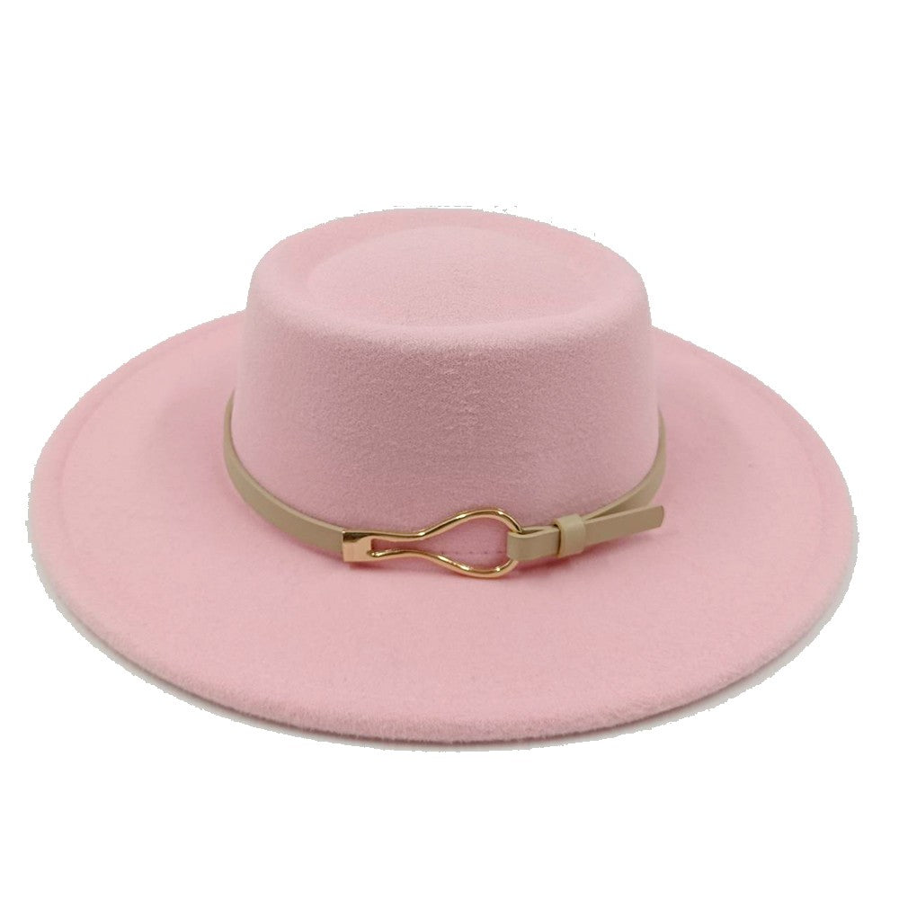 Acessórios femininos de fivela de couro metal com chapéu de feltro de pele com top côncavo e convexo, chapéu fedora e conjunto de bolsa combinando, estilo retrô