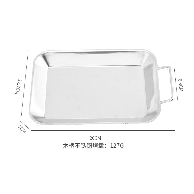 Stainless Steel Rectangle Plate Removable Anti-scalding Wooden Handle Tray Barbecue Grill for Outdoor BBQ  Sushi Tray, Cake Tray