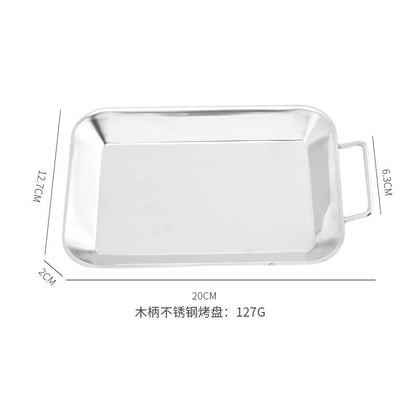 Stainless Steel Rectangle Plate Removable Anti-scalding Wooden Handle Tray Barbecue Grill for Outdoor BBQ  Sushi Tray, Cake Tray