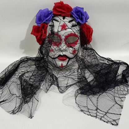 Gothic Bride Skull Mask, Black Veil & Rose Decorated Full Face Mask for Halloween, Cosplay and Party