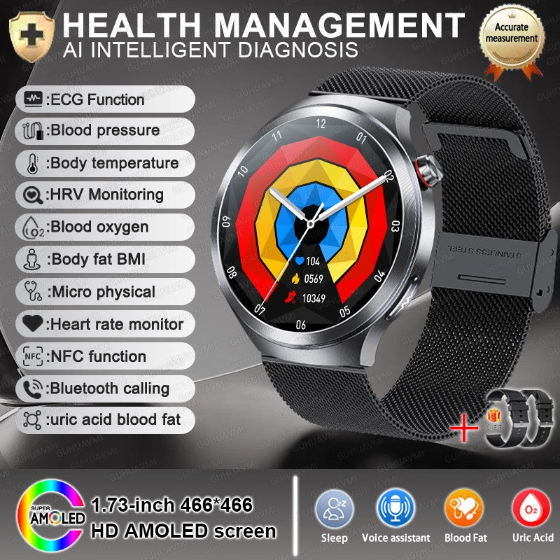 Relógio Inteligente Smartwatch Masculino 2026 Health Tracker com Safira e Medição de Ácido Úrico, Gordura Sanguínea, Pressão Arterial e ECG+PPG com Análise Corporal