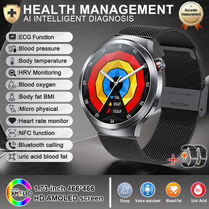 Relógio Inteligente Smartwatch Masculino 2026 Health Tracker com Safira e Medição de Ácido Úrico, Gordura Sanguínea, Pressão Arterial e ECG+PPG com Análise Corporal