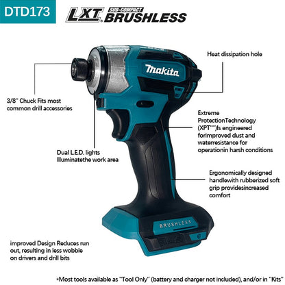 Parafusadeira elétrica sem fio Makita DTD173 1800rpm, chave de impacto 180Nm, furadeira elétrica para madeira/parafusos/modo T, para bateria Makita 18V