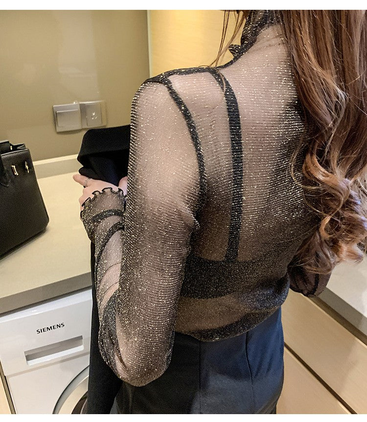 Spring Summer Women's Sexy See Through Mesh Blouse Long Sleeve Transparent Shining Elegant Shirt Fashion Women Tops 2025