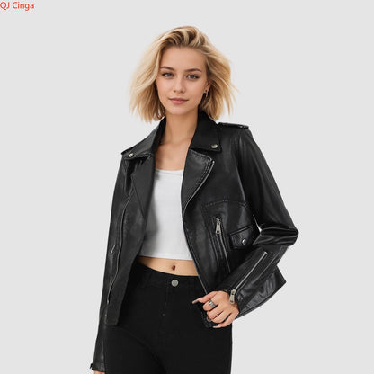 Women's Short-Length Black Leather Jacket for Fall, Fashionable Casual PU Jackets, Sizes: S M L XL.