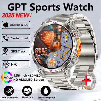 Smartwatch Esportivo 2025 com GPS, GPT, AMOLED de 1,56 polegadas, 488*488, Monitoramento de Frequência Cardíaca, Oxigênio no Sangue e Pressão Arterial, 3ATM