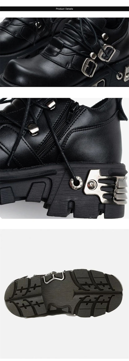 2025 New Dark Punk Style Woman Gothic Flame Carved Vintage Rock Boots Leather Shoes Metal Niche Low Top Platform Shoes