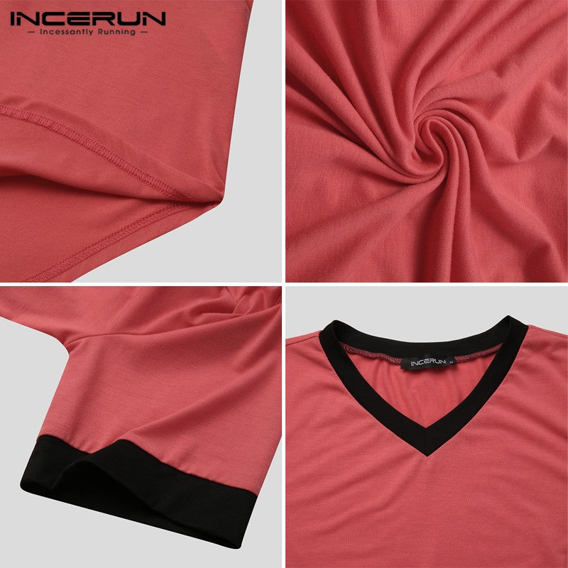 INCERUN 2024 Men Sleep Robes Short Sleeve V Neck Nightgown Patchwork Cozy Homewear Fashion Loose Mens Bathrobes Dressing Gown