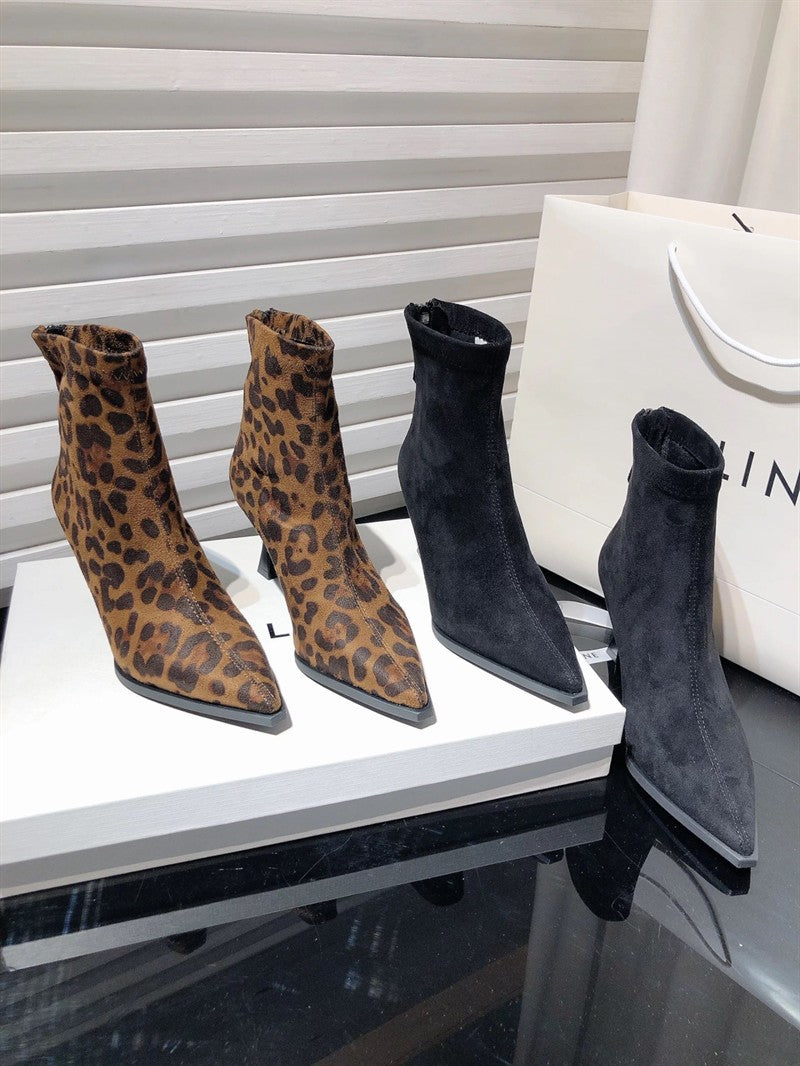 Autumn Women's High Heel Leopard Print Ankle Boots New Winter Pointed Head Thin Heel Chelsea Boots for Shoes Dress D503