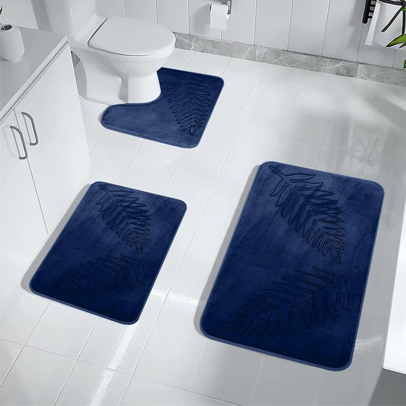 Conjunto de 3 Peças de Tapetes de Banheiro em Espuma de Memória, Ultramacios e Absorventes, com Estampa de Folhas, Tapetes de Banho Grossos e Laváveis Para Vaso Sanitário e Banheira