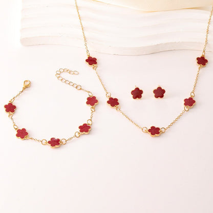 3pçs/conjunto Colar, Pulseira e Brincos de Flor de Cinco Pétalas da Sorte para Mulheres Elegante Trevo Moda Festa Joias Presentes Acessórios