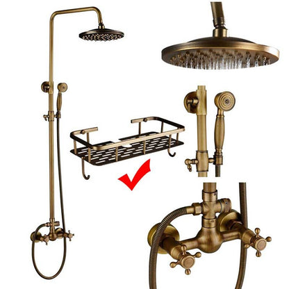 rozin Antique Brass Shower Faucet Set Bathroom Shower Column with Shelf Rainfall Hot Cold Water Mixer Tap Handhold Shower Faucet